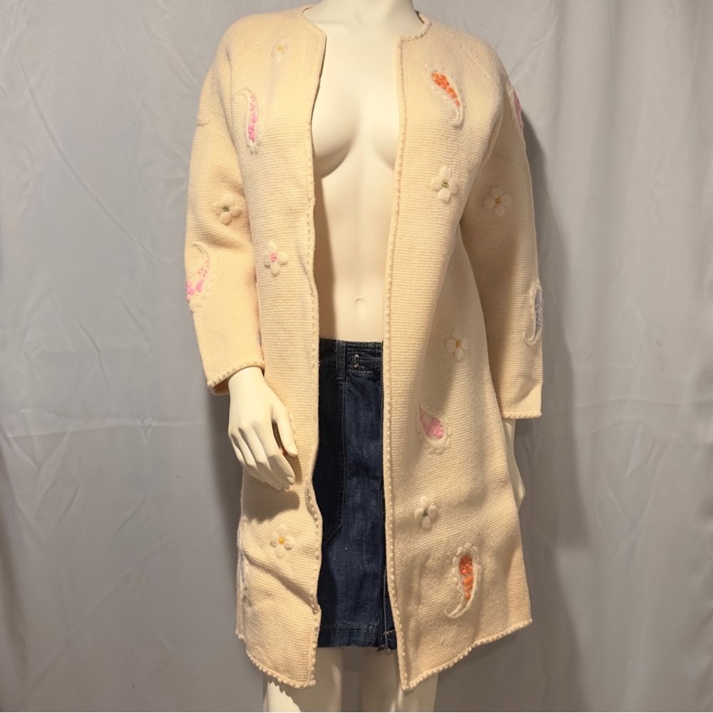 60s Ivory Wool Long Cardigan Sweater  Embroidered Pastel Paisley Floral Size Sm